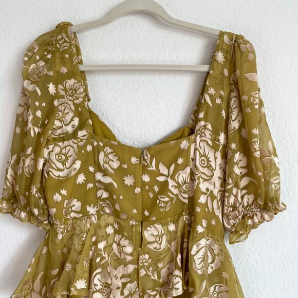 For Love & Lemons Mustard Yellow Velvet Floral Cosmo Mini Dress - Picture 11 of 16